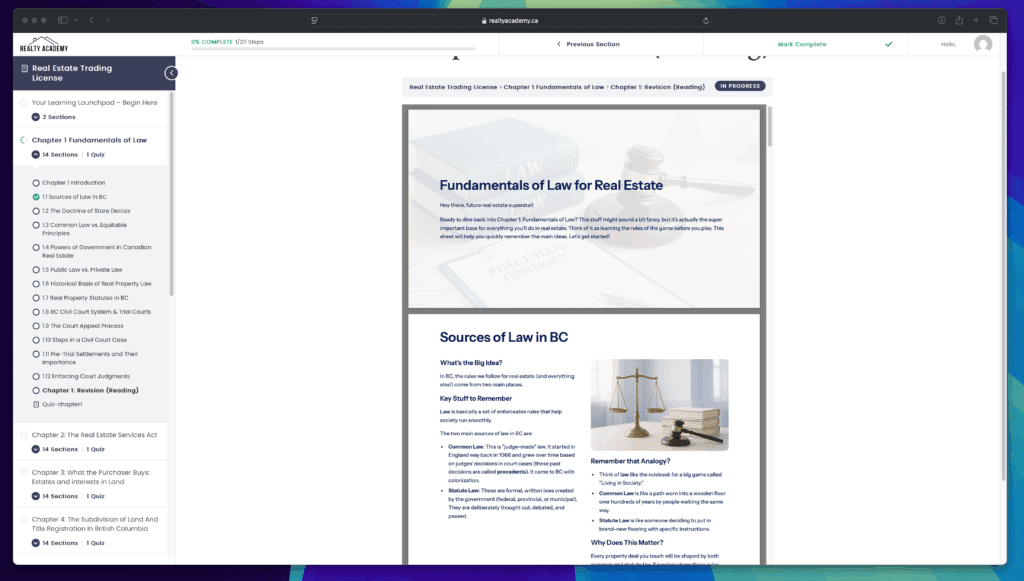 Screenshot of Realty Academy's study materials showing two downloadable PDF cheat sheets - 'Fundamentals of Law for Real Estate' and 'Sources of Law in BC' - displayed in a document viewer with clear formatting and visual diagrams